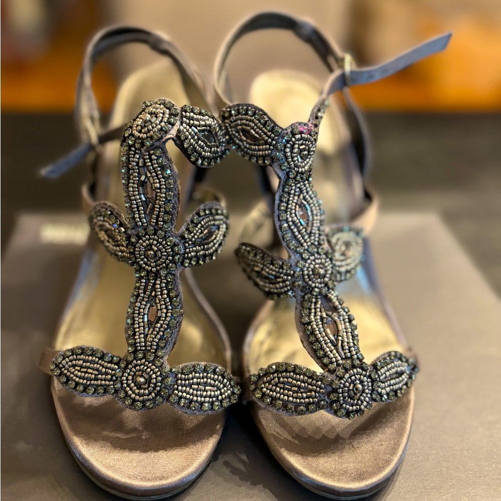 Silver Kenneth Cole Open Toed Jeweled Heels size 8